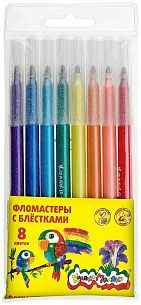 Фломастеры Каляка-Маляка с блёстками 8 цв. круглый корпус, легкосмываемые, блистерная упаковка до 01.12.2026