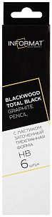 Набор чернографитных карандашей деревянные INFORMAT TOTAL BLACK BLACKWOOD 6 шт НВ с ластиком заточенные трехгранные