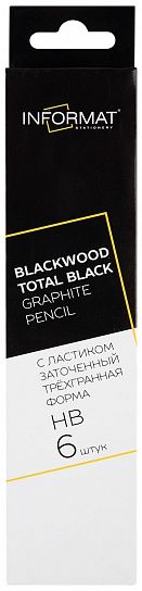 Набор чернографитных карандашей деревянные INFORMAT TOTAL BLACK BLACKWOOD 6 шт НВ с ластиком заточенные трехгранные